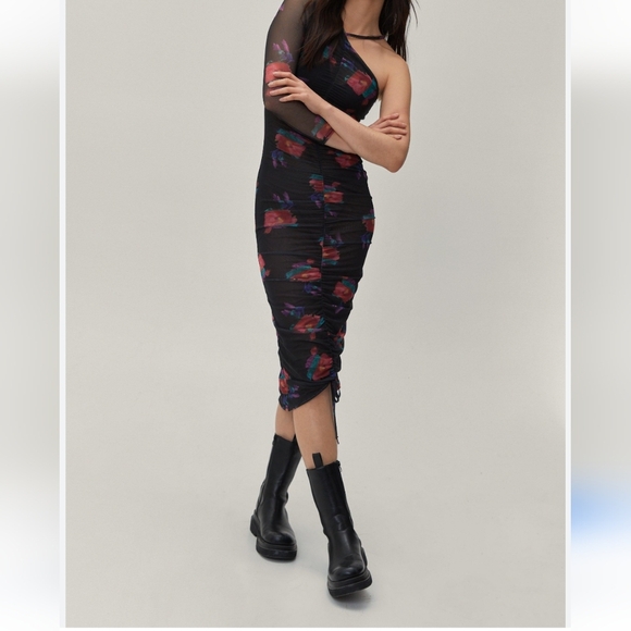 Nastygal One-Shoulder Black Floral Dress - Picture 1 of 8